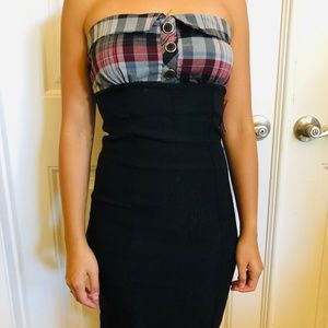 Strapless plaid and black mini dress